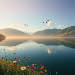 A serene landscape featuring a still lake reflecting the surrounding lush green hills