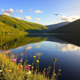 A serene landscape featuring a still lake reflecting the surrounding lush green hills