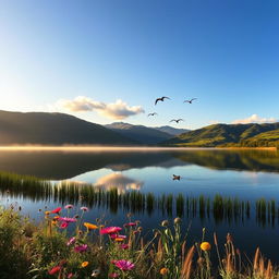 A serene landscape featuring a still lake reflecting the surrounding lush green hills