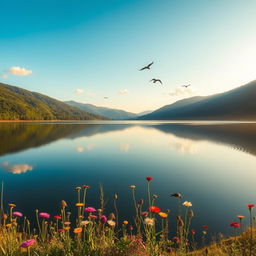 A serene landscape featuring a still lake reflecting the surrounding lush green hills