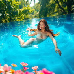 A serene and inviting scene featuring a beautiful young woman gracefully floating in a crystal-clear swimming pool