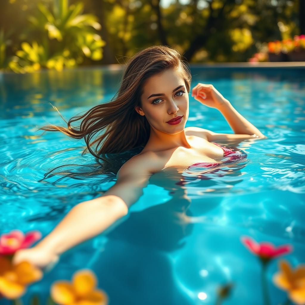 A serene and inviting scene featuring a beautiful young woman gracefully floating in a crystal-clear swimming pool