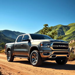 A powerful and rugged pickup truck parked on a dirt road surrounded by lush green mountains under a clear blue sky