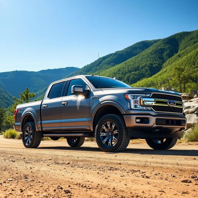 A powerful and rugged pickup truck parked on a dirt road surrounded by lush green mountains under a clear blue sky