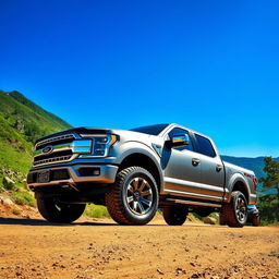 A powerful and rugged pickup truck parked on a dirt road surrounded by lush green mountains under a clear blue sky