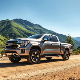 A powerful and rugged pickup truck parked on a dirt road surrounded by lush green mountains under a clear blue sky
