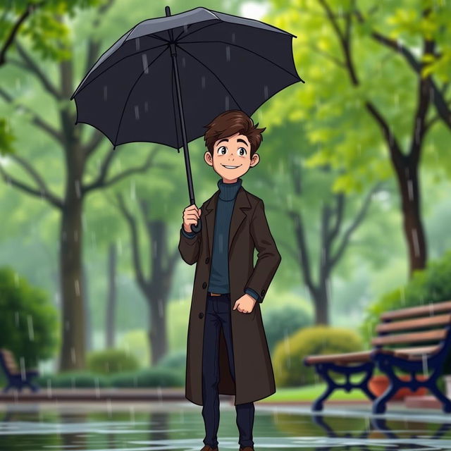 A cartoon image of a tall young man with dark brown hair, wearing a dark brown long coat over a blue turtleneck and dark blue jeans