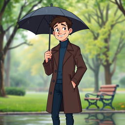 A cartoon image of a tall young man with dark brown hair, wearing a dark brown long coat over a blue turtleneck and dark blue jeans