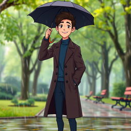 A cartoon image of a tall young man with dark brown hair, wearing a dark brown long coat over a blue turtleneck and dark blue jeans