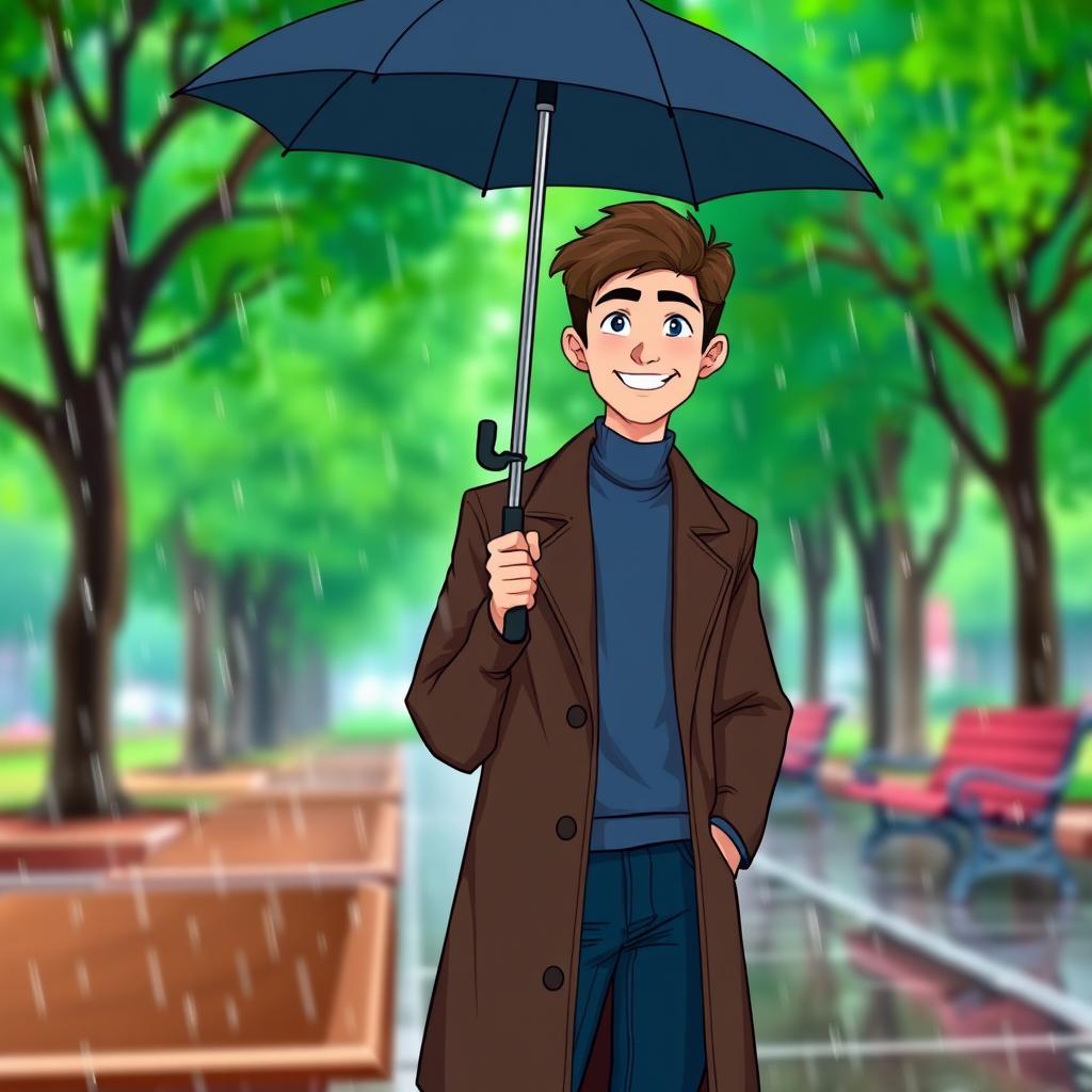 A cartoon image of a tall young man with dark brown hair, wearing a dark brown long coat over a blue turtleneck and dark blue jeans