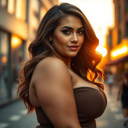 A voluptuous woman with a confident and alluring expression, featuring a rounded face with soft, inviting features