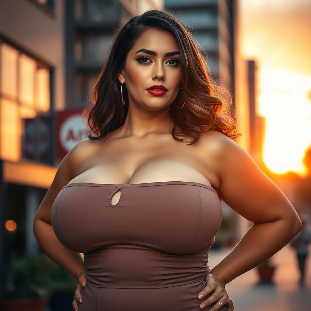 A voluptuous woman with a confident and alluring expression, featuring a rounded face with soft, inviting features