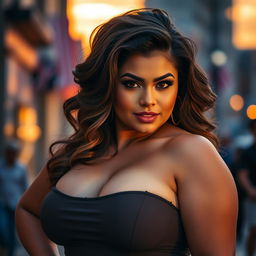 A voluptuous woman with a confident and alluring expression, featuring a rounded face with soft, inviting features
