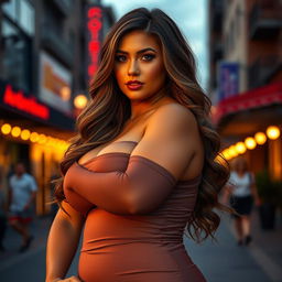 A voluptuous woman with a confident and alluring expression, featuring a rounded face with soft, inviting features