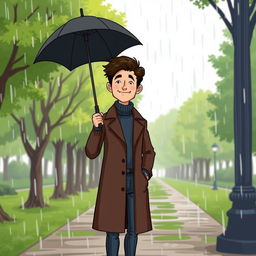 A cartoon-style illustration of a tall young man with dark brown hair, wearing a dark brown long coat, a blue turtleneck sweater, and dark blue jeans