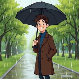 A cartoon-style illustration of a tall young man with dark brown hair, wearing a dark brown long coat, a blue turtleneck sweater, and dark blue jeans