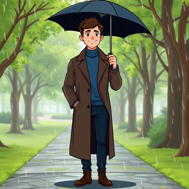 A cartoon-style illustration of a tall young man with dark brown hair, wearing a dark brown long coat, a blue turtleneck sweater, and dark blue jeans