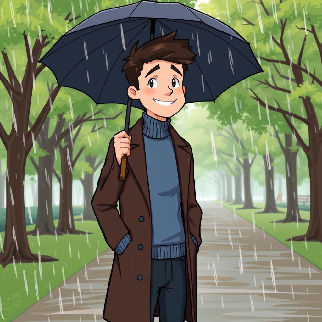 A cartoon-style illustration of a tall young man with dark brown hair, wearing a dark brown long coat, a blue turtleneck sweater, and dark blue jeans