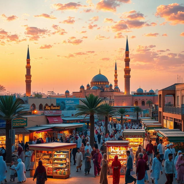 A vibrant and bustling cityscape of Madina, Saudi Arabia, showcasing its iconic landmarks like the Prophet's Mosque with its majestic minarets and beautiful architecture