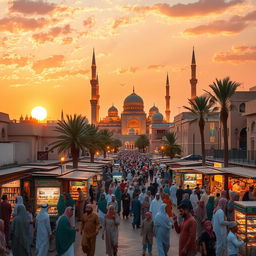 A vibrant and bustling cityscape of Madina, Saudi Arabia, showcasing its iconic landmarks like the Prophet's Mosque with its majestic minarets and beautiful architecture