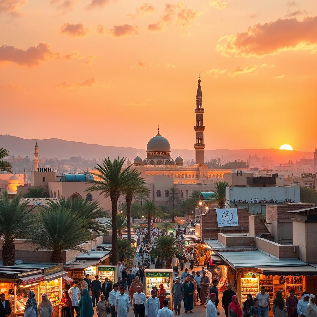 A vibrant and bustling cityscape of Madina, Saudi Arabia, showcasing its iconic landmarks like the Prophet's Mosque with its majestic minarets and beautiful architecture