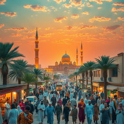 A vibrant and bustling cityscape of Madina, Saudi Arabia, showcasing its iconic landmarks like the Prophet's Mosque with its majestic minarets and beautiful architecture