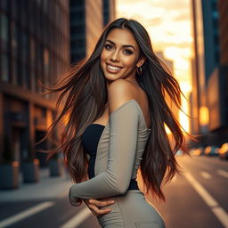 A stunningly attractive woman with long, flowing hair, wearing a stylish and form-fitting outfit that accentuates her curves, posing confidently on a modern city street at sunset