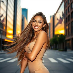 A stunningly attractive woman with long, flowing hair, wearing a stylish and form-fitting outfit that accentuates her curves, posing confidently on a modern city street at sunset