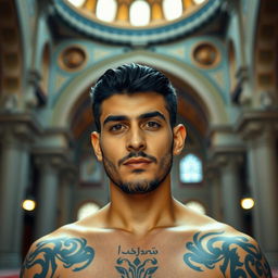 A 26-year-old Syrian male with Islamic tattoos, having a medium brown complexion, black hair, and a light beard, standing inside the Umayyad Mosque in Damascus