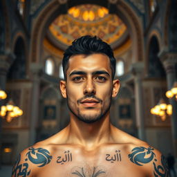 A 26-year-old Syrian male with Islamic tattoos, having a medium brown complexion, black hair, and a light beard, standing inside the Umayyad Mosque in Damascus