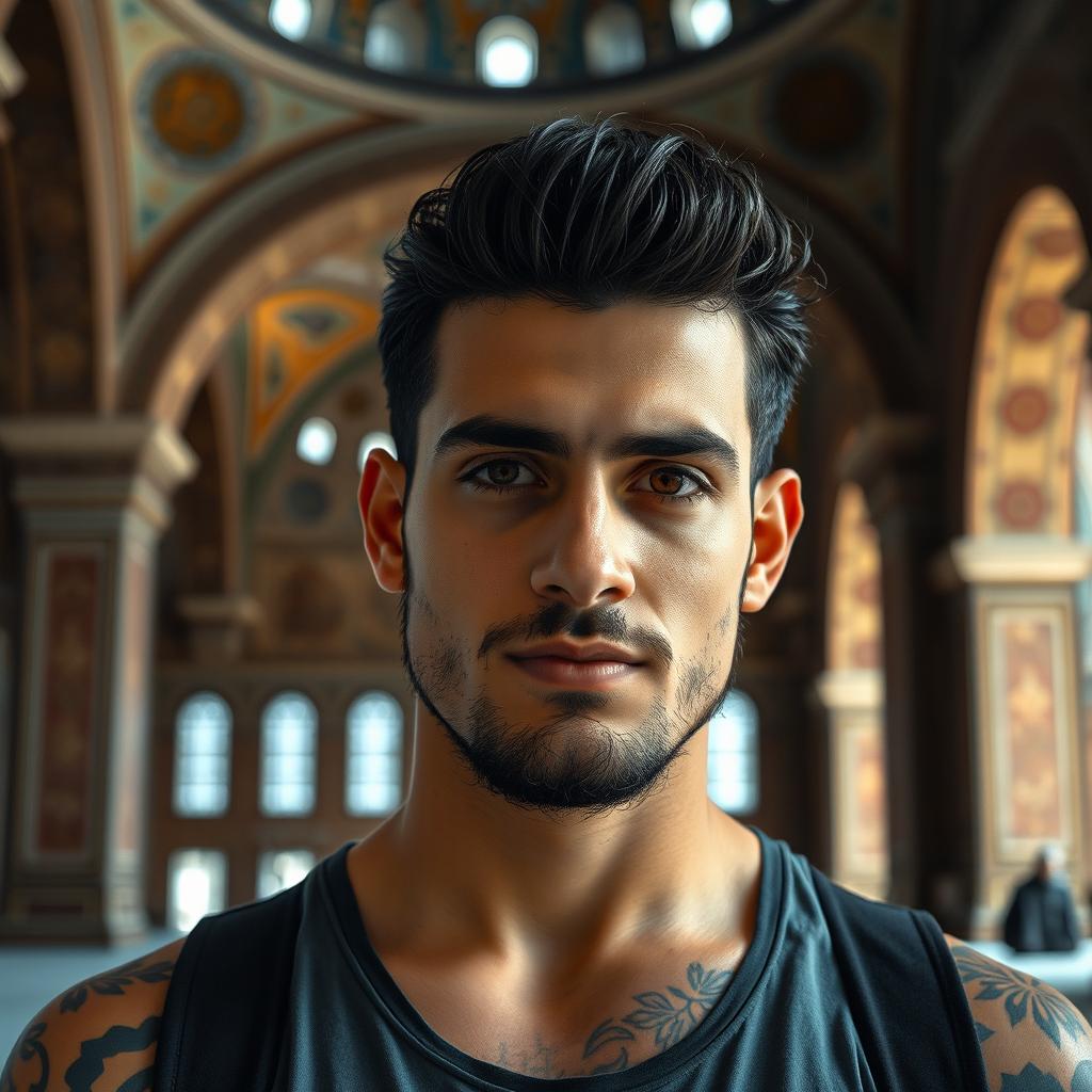 A 26-year-old Syrian male with Islamic tattoos, having a medium brown complexion, black hair, and a light beard, standing inside the Umayyad Mosque in Damascus