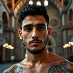 A 26-year-old Syrian male with Islamic tattoos, having a medium brown complexion, black hair, and a light beard, standing inside the Umayyad Mosque in Damascus