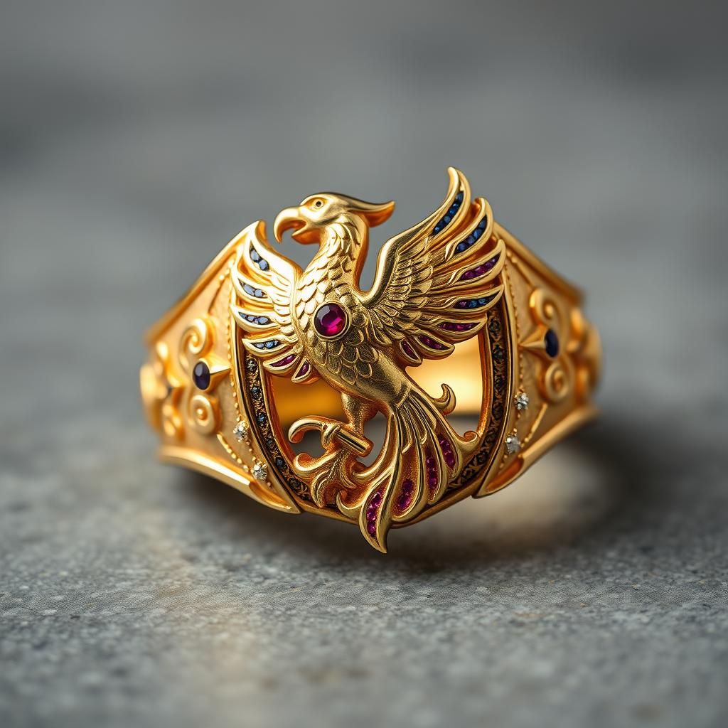 An enchanting Order of the Latin Light ring featuring a mythical creature symbolizing wisdom and immortality