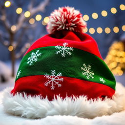 A festive Christmas cap, vividly decorated with traditional colors such as red and green