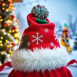 A festive Christmas cap, vividly decorated with traditional colors such as red and green