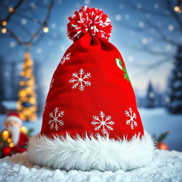 A festive Christmas cap, vividly decorated with traditional colors such as red and green