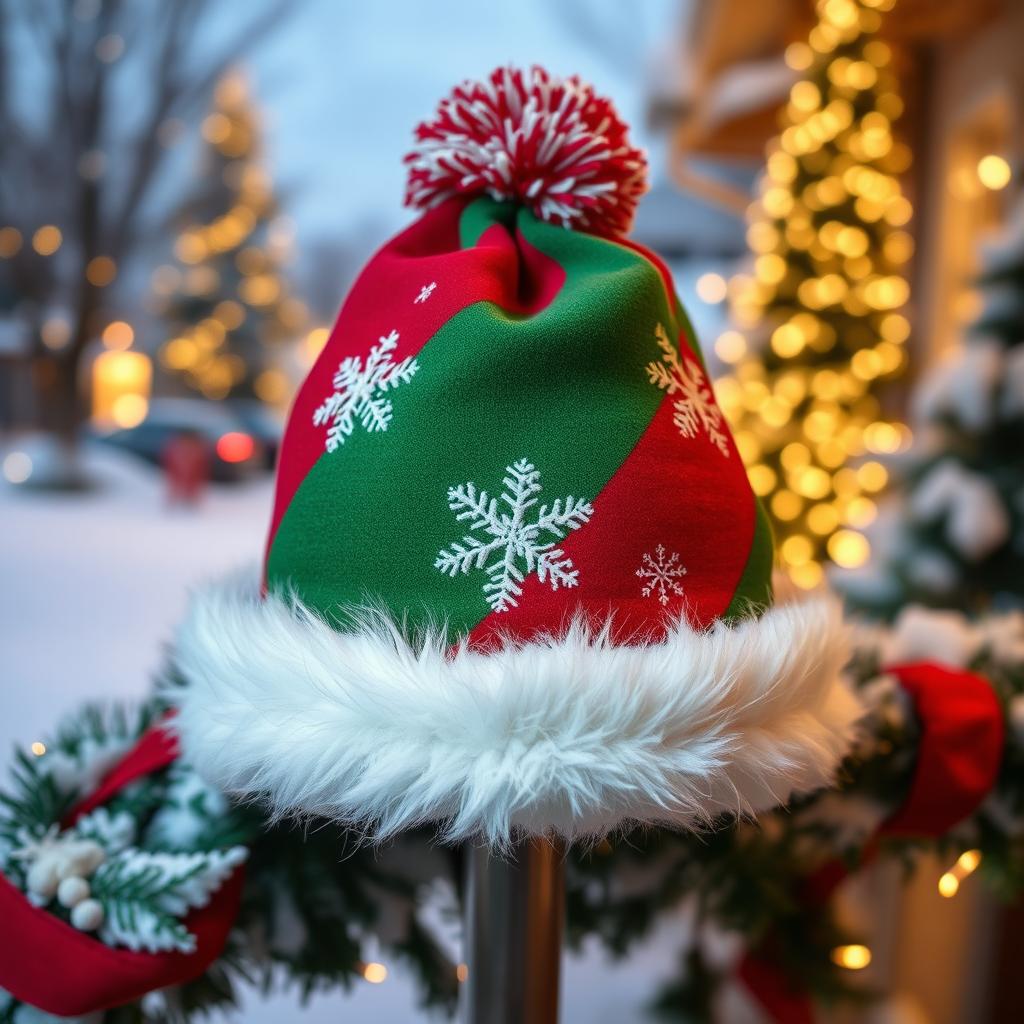 A festive Christmas cap, vividly decorated with traditional colors such as red and green