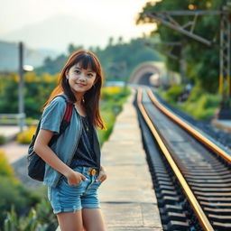 A girl waiting by the railway tracks, her expression hopeful as she looks down the tracks, dressed in a stylish yet casual outfit that reflects her youthful spirit