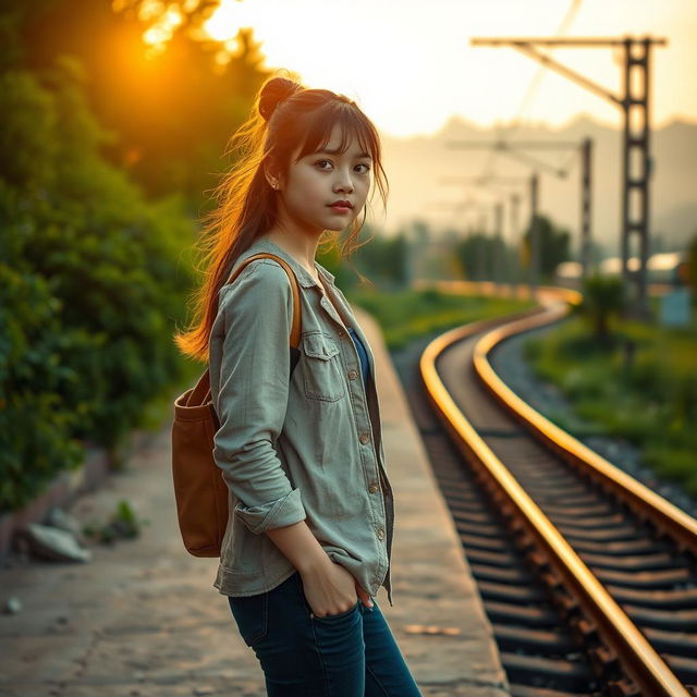 A girl waiting by the railway tracks, her expression hopeful as she looks down the tracks, dressed in a stylish yet casual outfit that reflects her youthful spirit