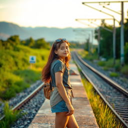 A girl waiting by the railway tracks, her expression hopeful as she looks down the tracks, dressed in a stylish yet casual outfit that reflects her youthful spirit