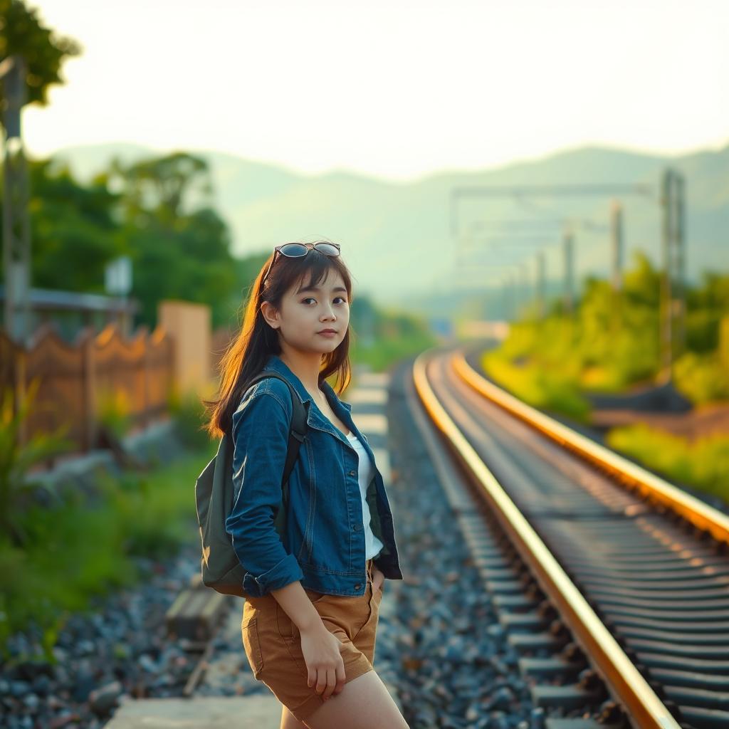 A girl waiting by the railway tracks, her expression hopeful as she looks down the tracks, dressed in a stylish yet casual outfit that reflects her youthful spirit