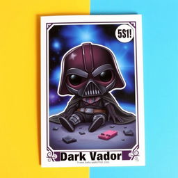 A Funko Pop trading card featuring a unique design of Dark Vador without his helmet, lying on the ground