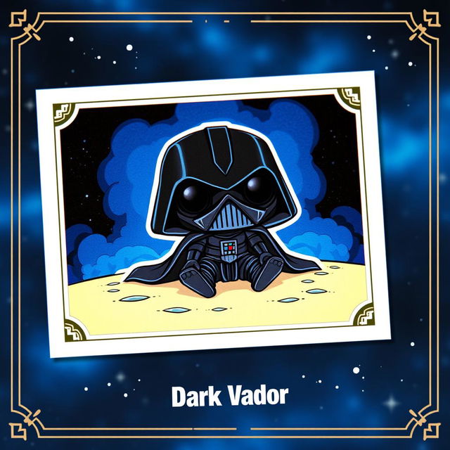 A Funko Pop trading card featuring a unique design of Dark Vador without his helmet, lying on the ground