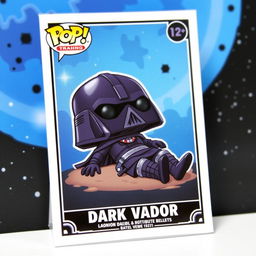 A Funko Pop trading card featuring a unique design of Dark Vador without his helmet, lying on the ground