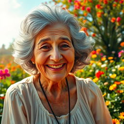 A surreal scene depicting an elderly woman with gray hair transformed into a younger version of herself, radiating vitality and joy