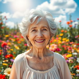 A surreal scene depicting an elderly woman with gray hair transformed into a younger version of herself, radiating vitality and joy