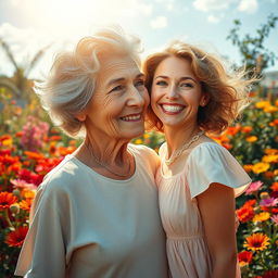 A surreal scene depicting an elderly woman with gray hair transformed into a younger version of herself, radiating vitality and joy