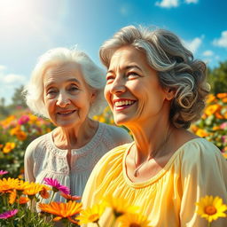 A surreal scene depicting an elderly woman with gray hair transformed into a younger version of herself, radiating vitality and joy