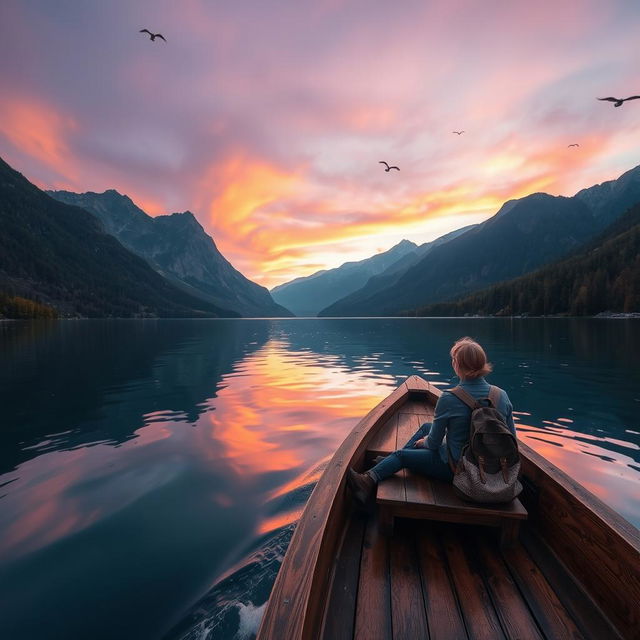 A stunning landscape of a serene lake surrounded by mountains during sunset, with the sky painted in hues of orange and purple reflecting off the water's surface