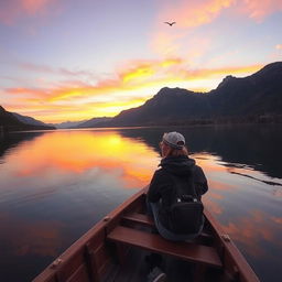 A stunning landscape of a serene lake surrounded by mountains during sunset, with the sky painted in hues of orange and purple reflecting off the water's surface